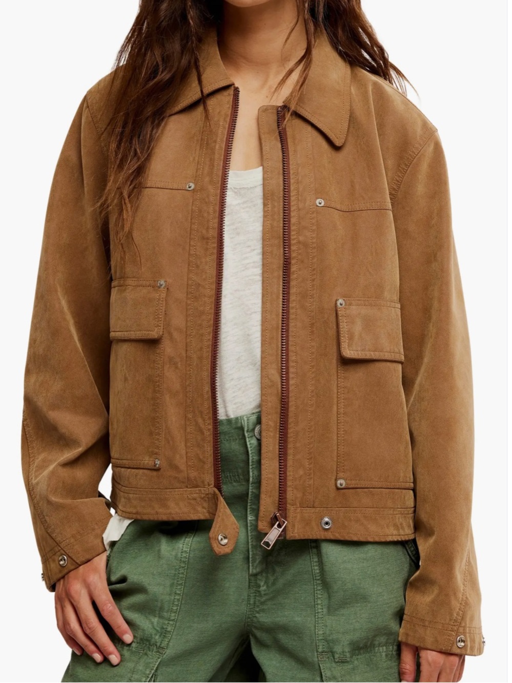 🆕 FREE PEOPLE Brown Suede Barn Chore Utility Jacket Vegan Faux Camel Leather XL
